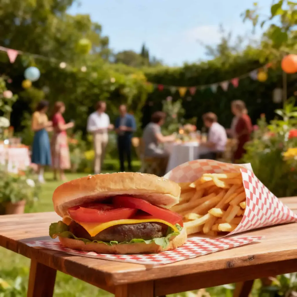 Hamburger met frietjes op een picknicktafel tijdens een tuinfeest